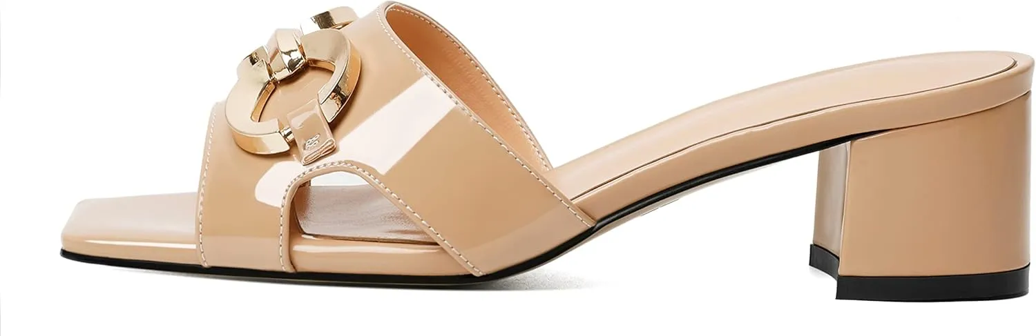 Zamikoo Women's Block Heels Mules, Square Open Toe Block Heels Sandals, Slip On Chunky Low Heeled Slippers with Metal Buckle, Wedding Dress Pump Shoes 2 Inches