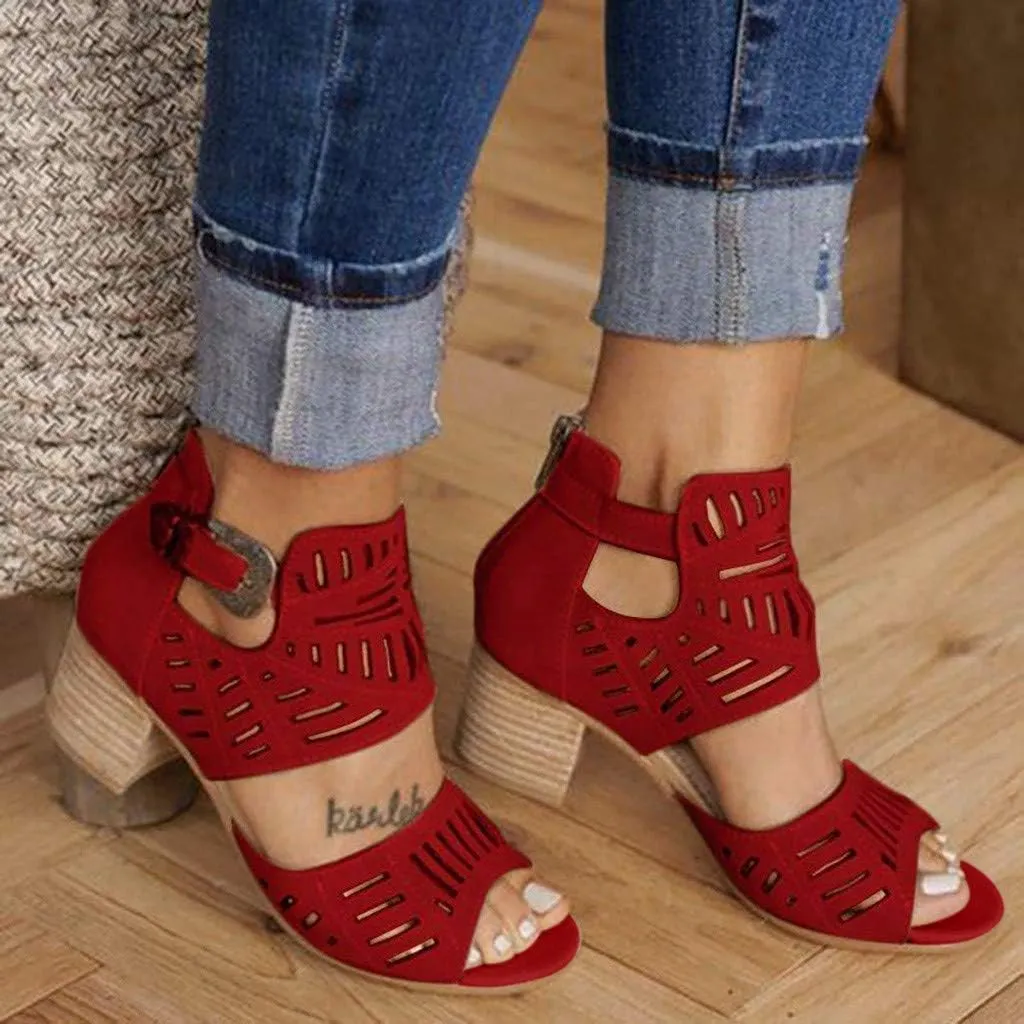 ZBYY Womens Peep Toe Sandals, Open Toe Double Buckle Cutout Stacked Heel Sandal Chunky Block Heel Ankle Strap Sandals
