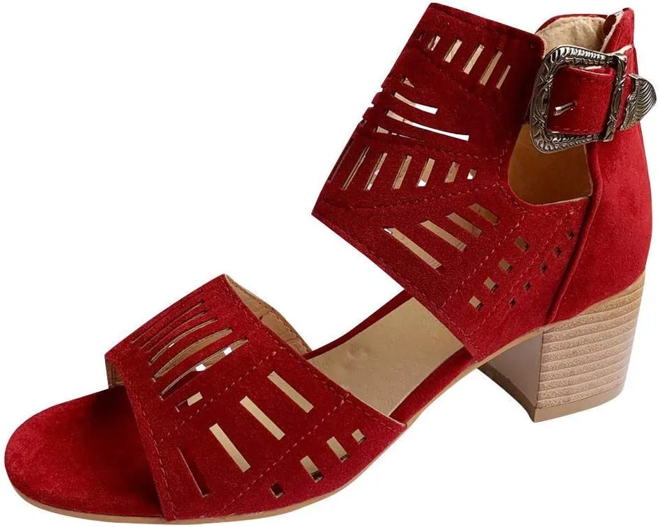 ZBYY Womens Peep Toe Sandals, Open Toe Double Buckle Cutout Stacked Heel Sandal Chunky Block Heel Ankle Strap Sandals