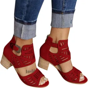 ZBYY Womens Peep Toe Sandals, Open Toe Double Buckle Cutout Stacked Heel Sandal Chunky Block Heel Ankle Strap Sandals